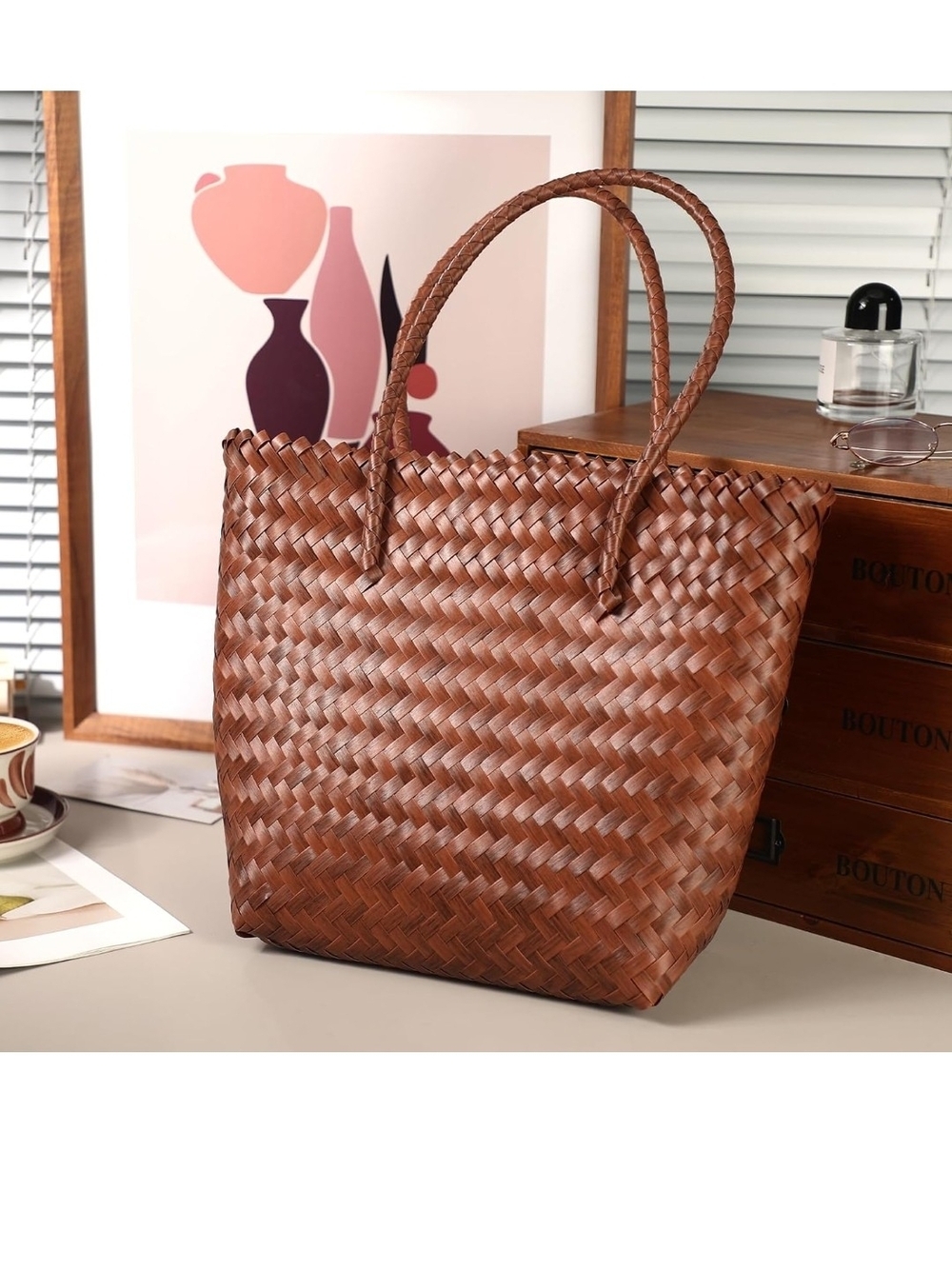 Woven Straw Tote Bag - Brown